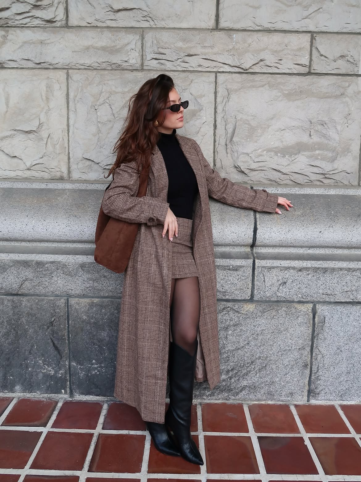 Plaid Maxi Skirt Suit With Black Turtle Neck