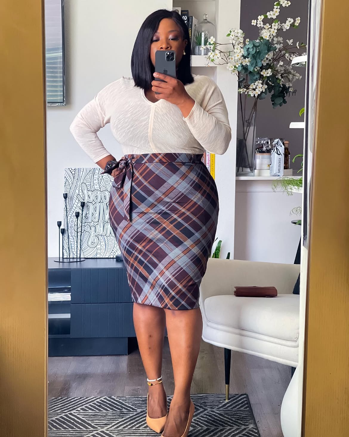 Plaid Pencil Skirt With Cream Long Sleeve Top