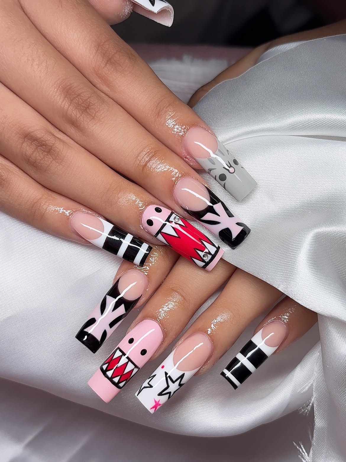 Playful Cartoon Character French Tip Coffin Nails