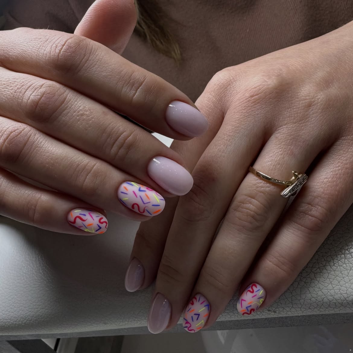 Playful Confetti Swirls Milky Pink Oval Nails