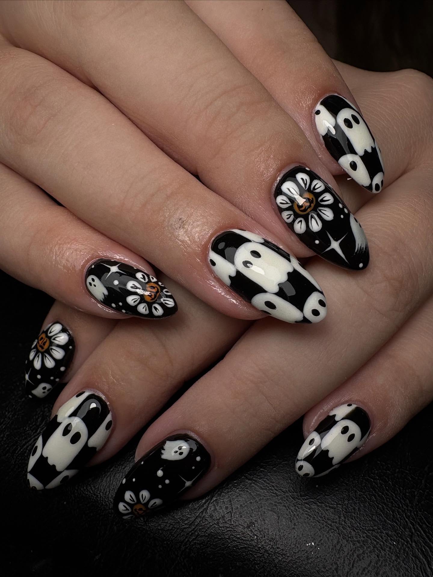 Playful Ghost and Daisy Halloween Almond Nails