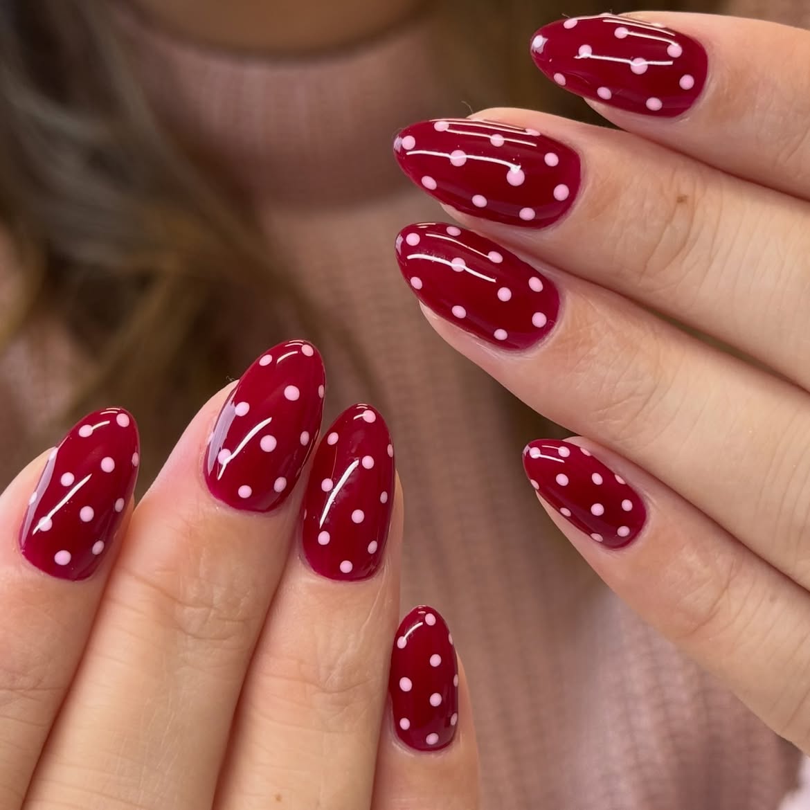 Polka Dot Cherry Red Almond Nails