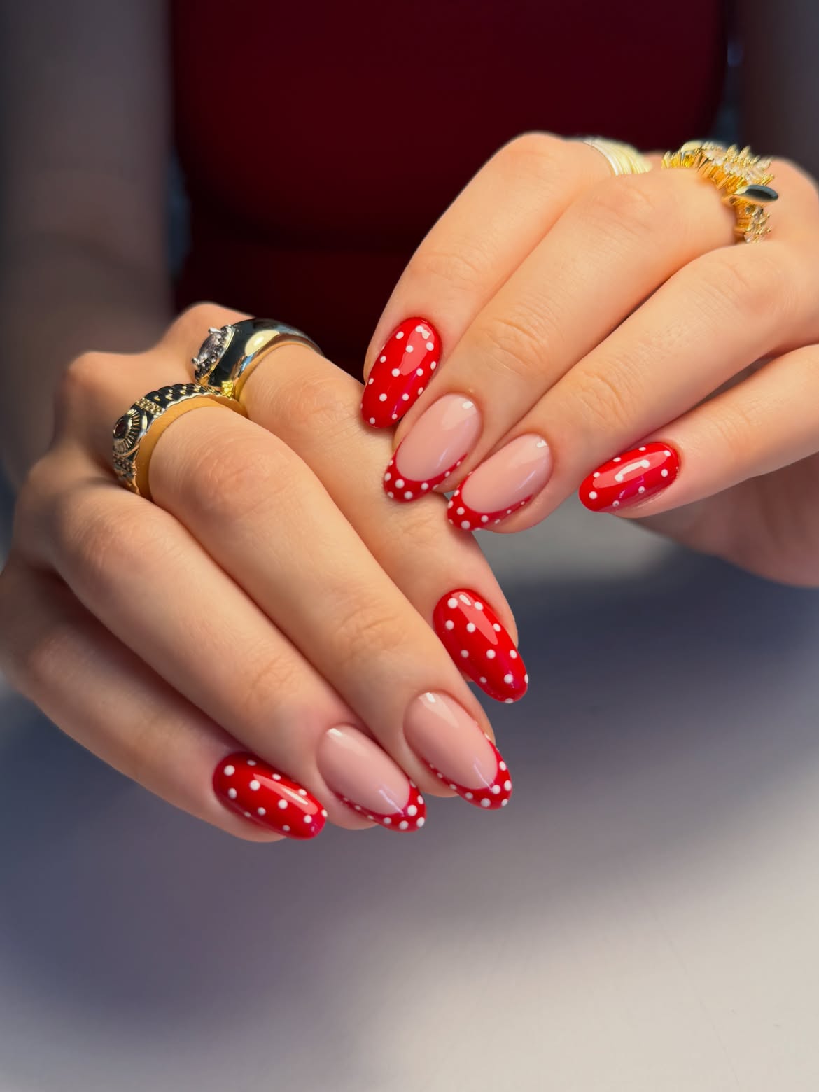 Polka Dot French Red Almond Nails