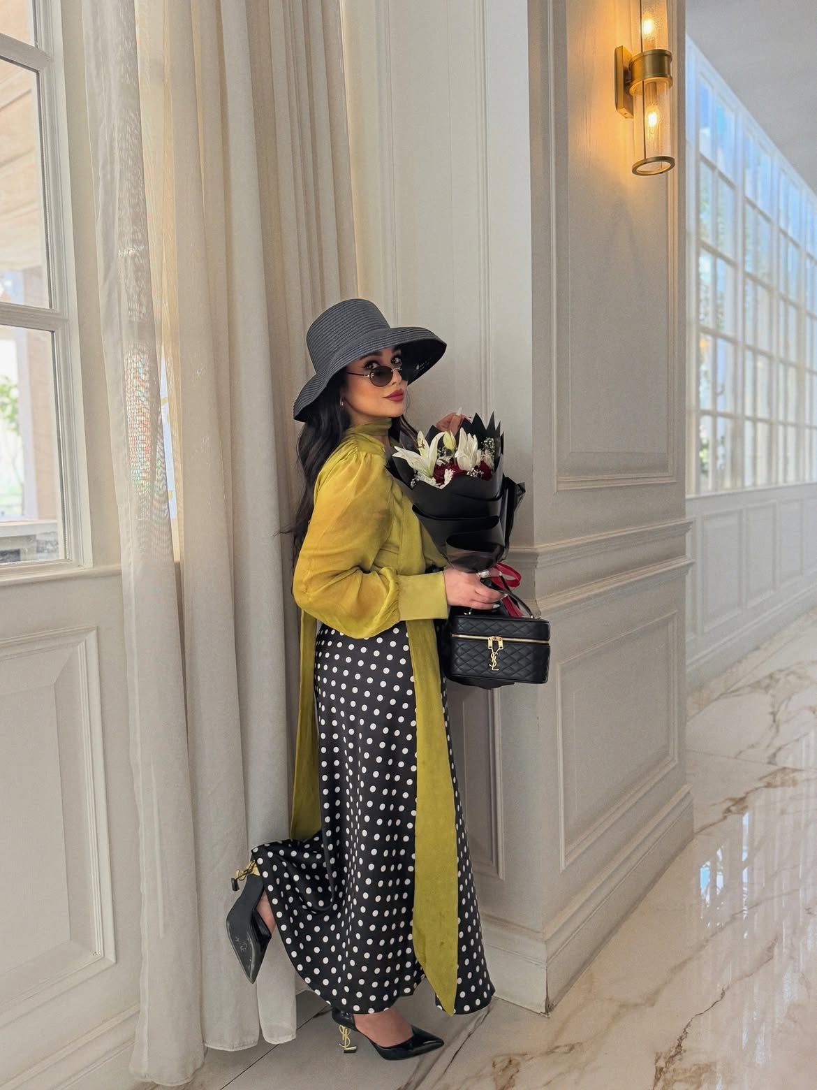 Polka Dot Skirt With Bright Duster Coat