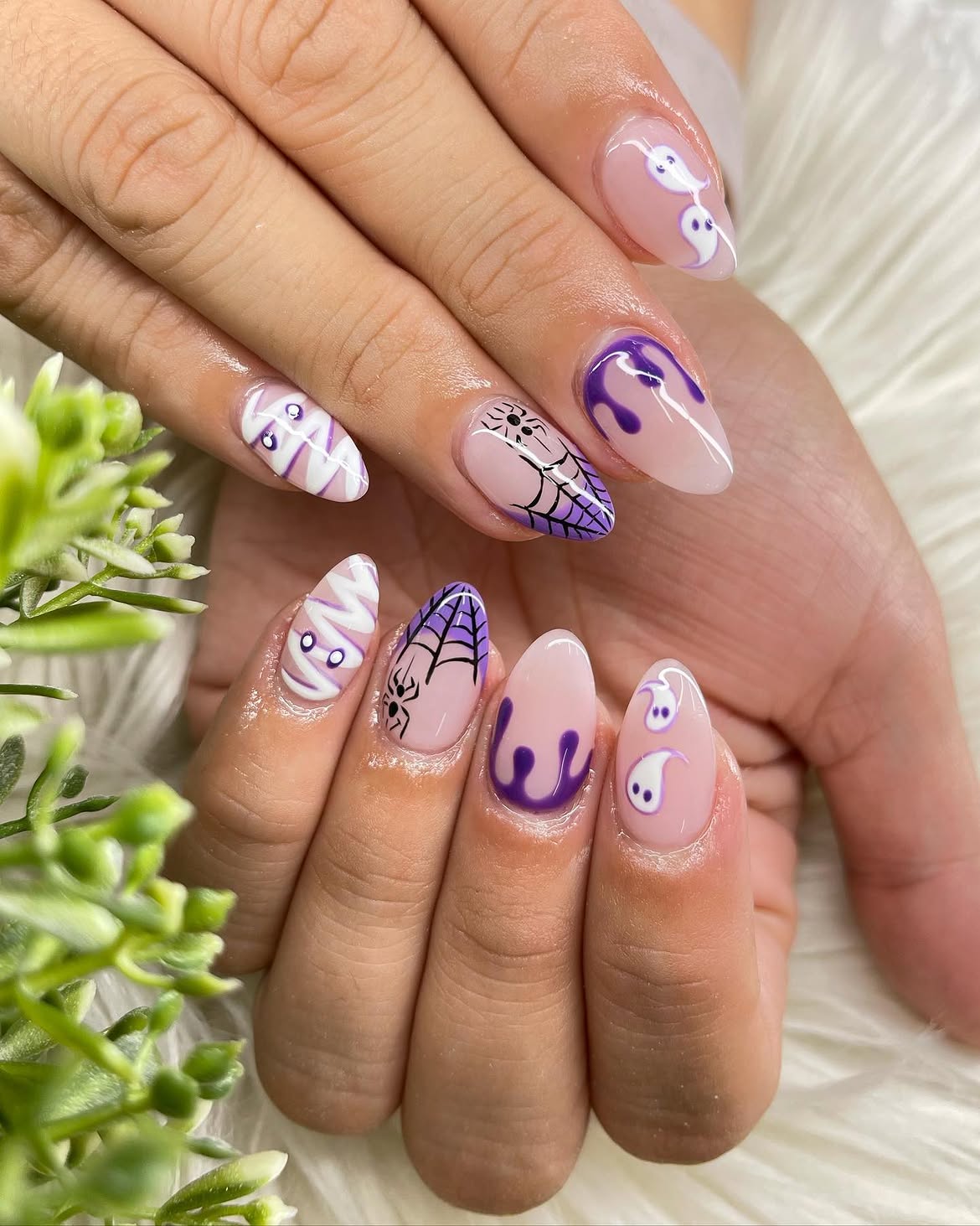 Purple Ghost And Spiderweb Halloween Almond Nails