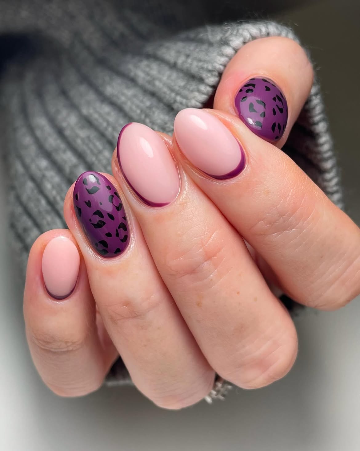 Purple Leopard Print French Oval Nails