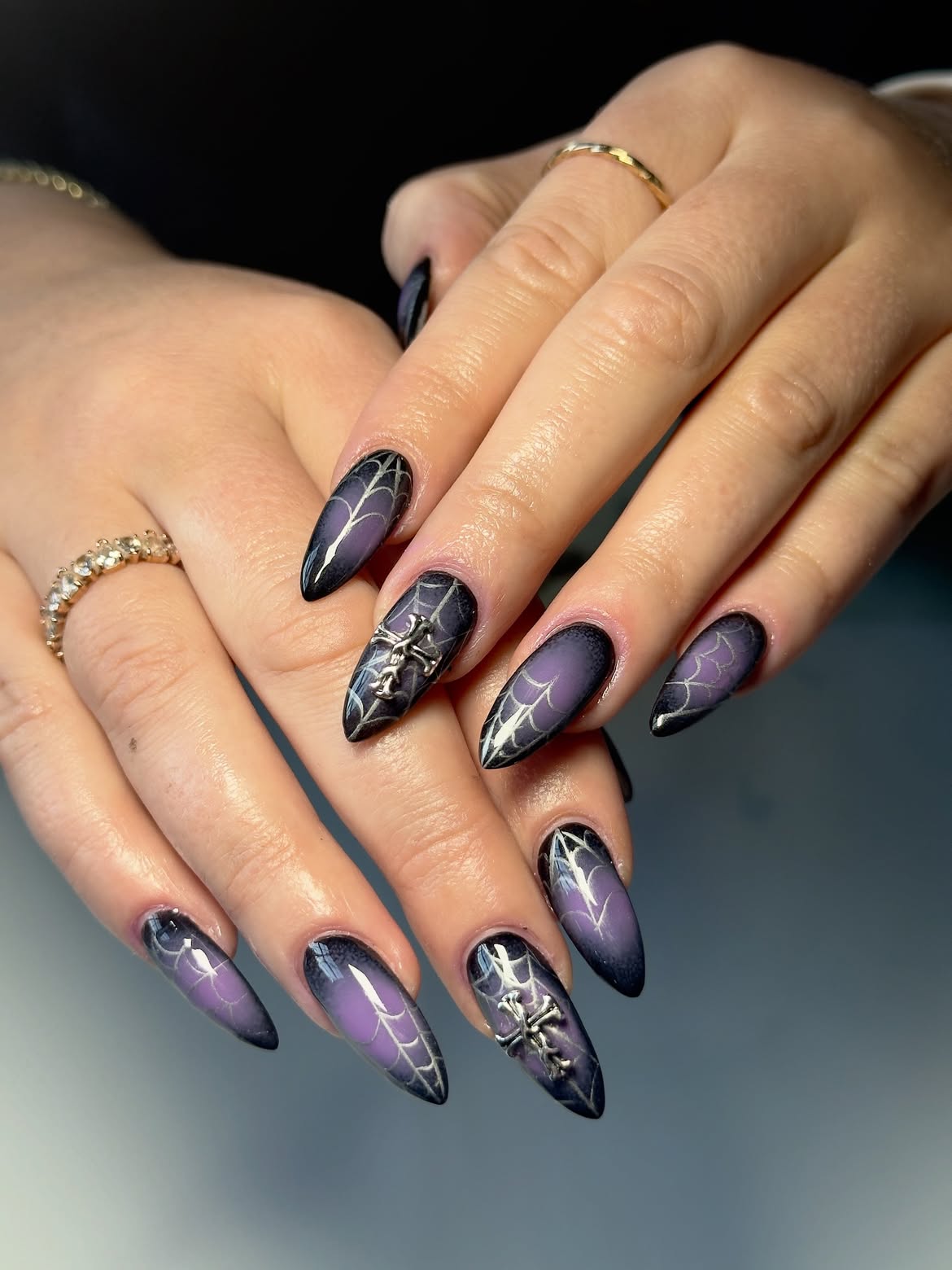 29 Stunning October Nail Ideas You Need To Try Now 20 Purple Ombre Spiderweb Coffin Nails with Cross Charms