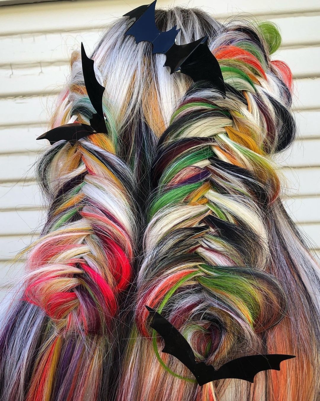 Rainbow Streaked Braids With Spooky Bat Clips