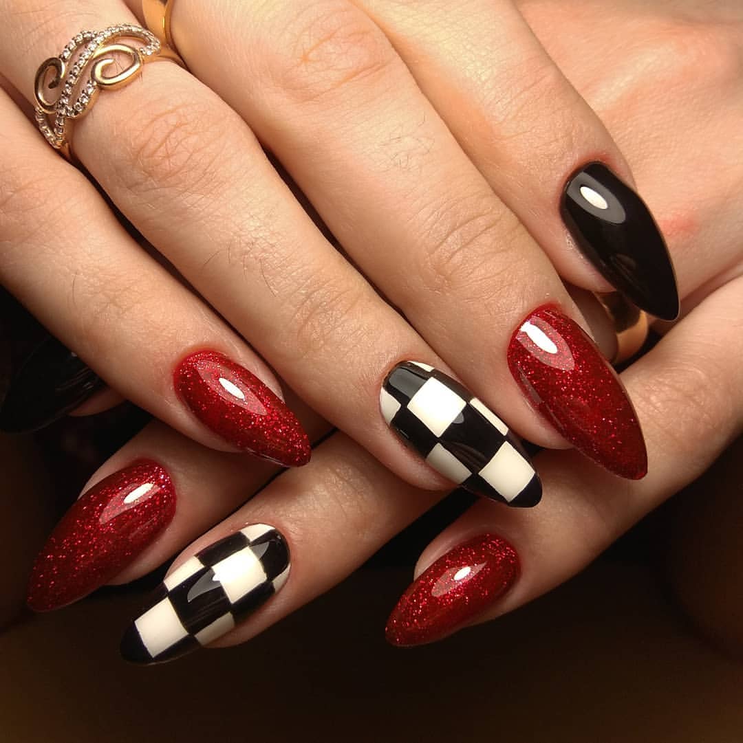 Red Glitter and Black White Checkerboard Stiletto Nails