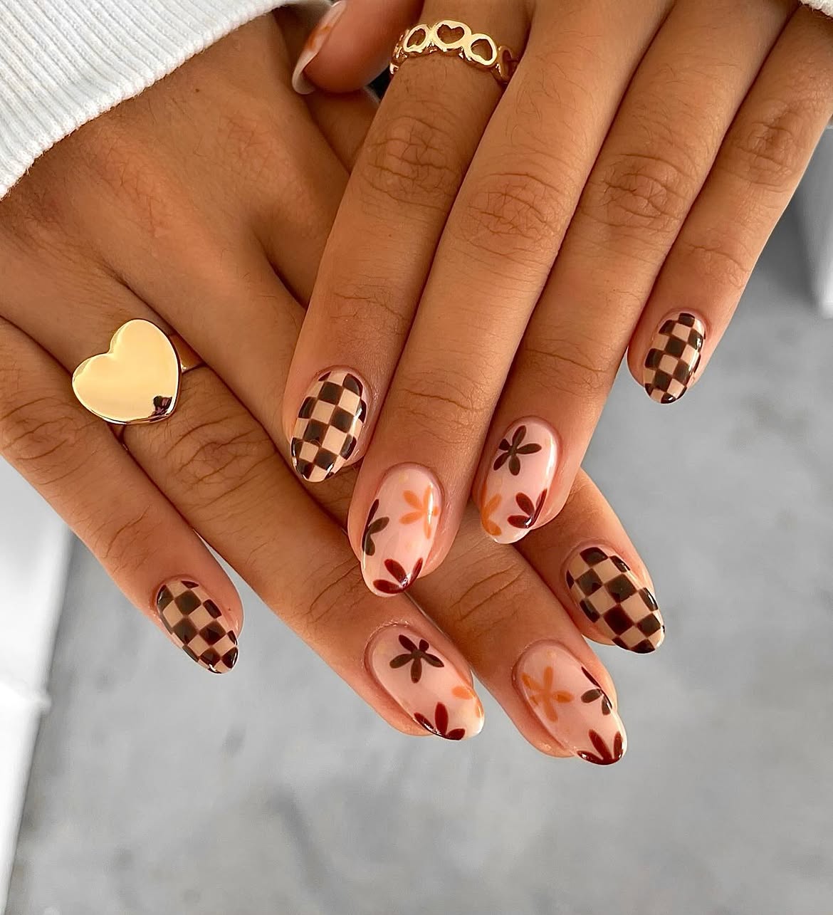 29 Stunning October Nail Ideas You Need To Try Now 27 Retro Checkerboard & Floral Accent Autumn Nails