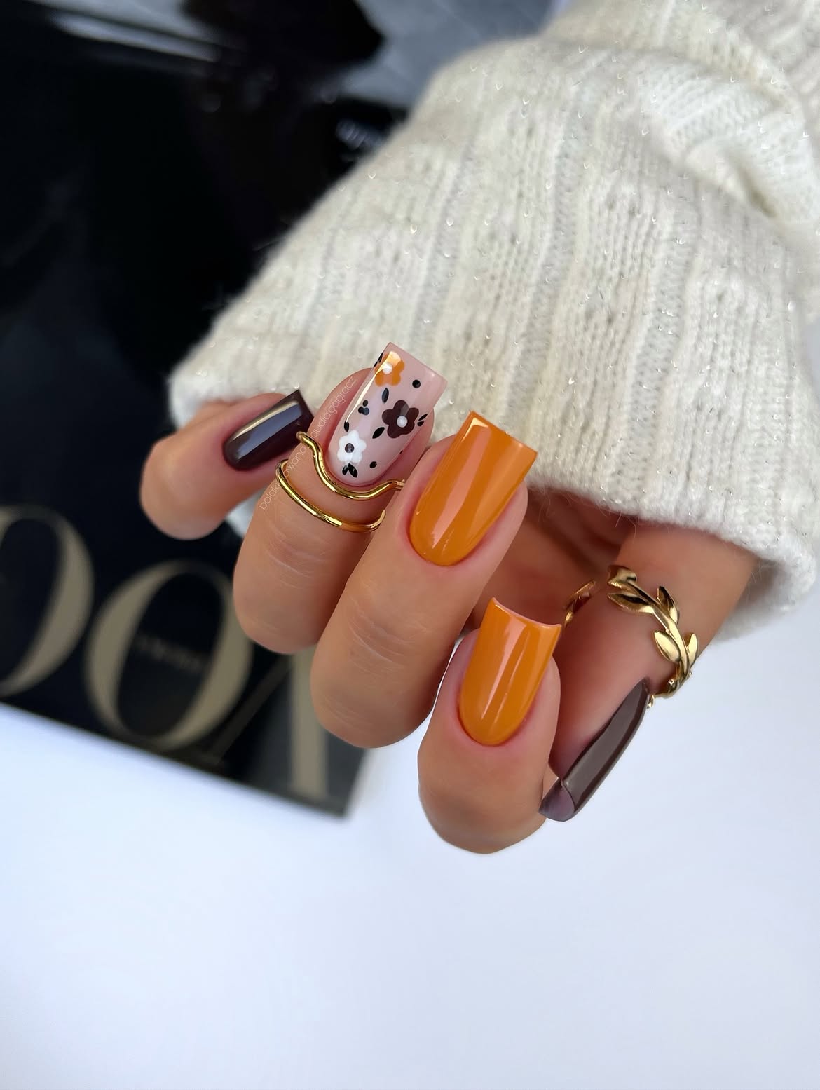 Retro Floral Orange and Brown Fall Nails