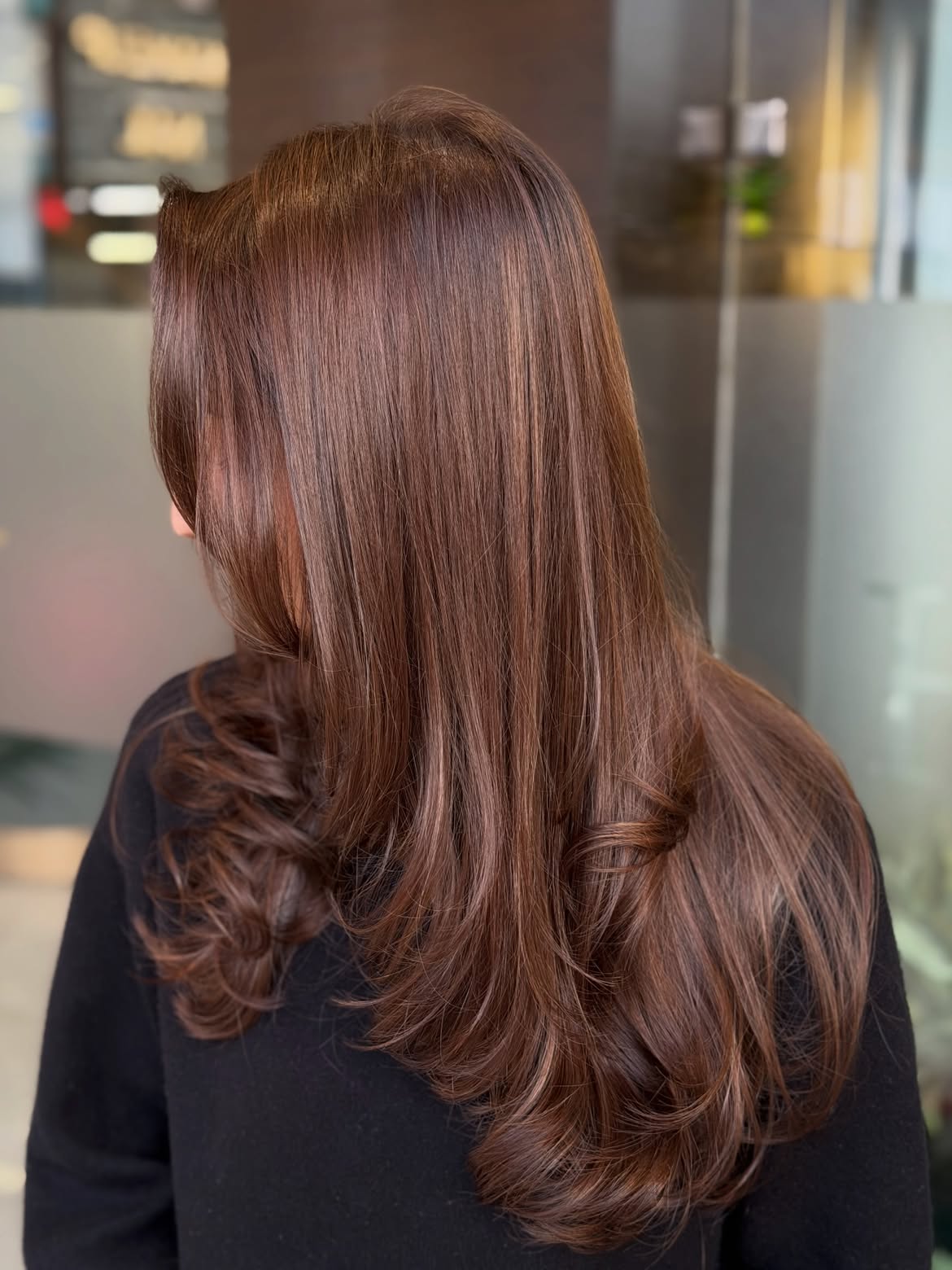 Rich Auburn Balayage With Soft Barrel Curls
