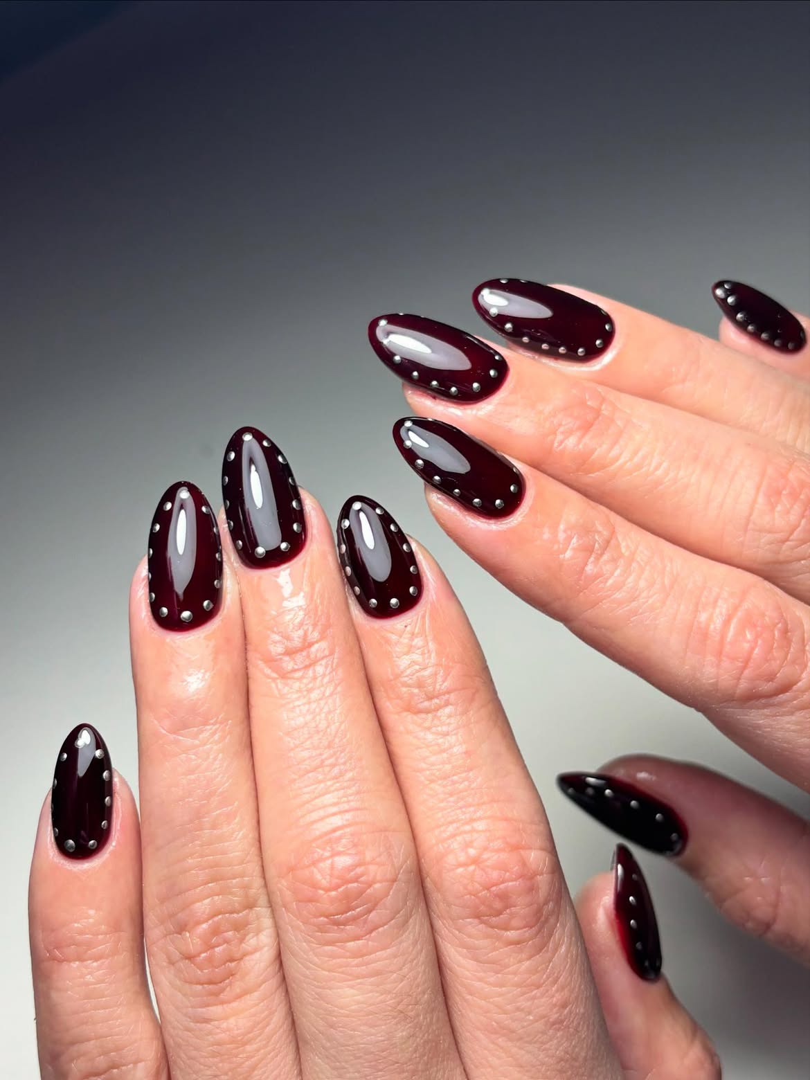 29 Stunning October Nail Ideas You Need To Try Now 26 Rich Burgundy Studded Almond Nails