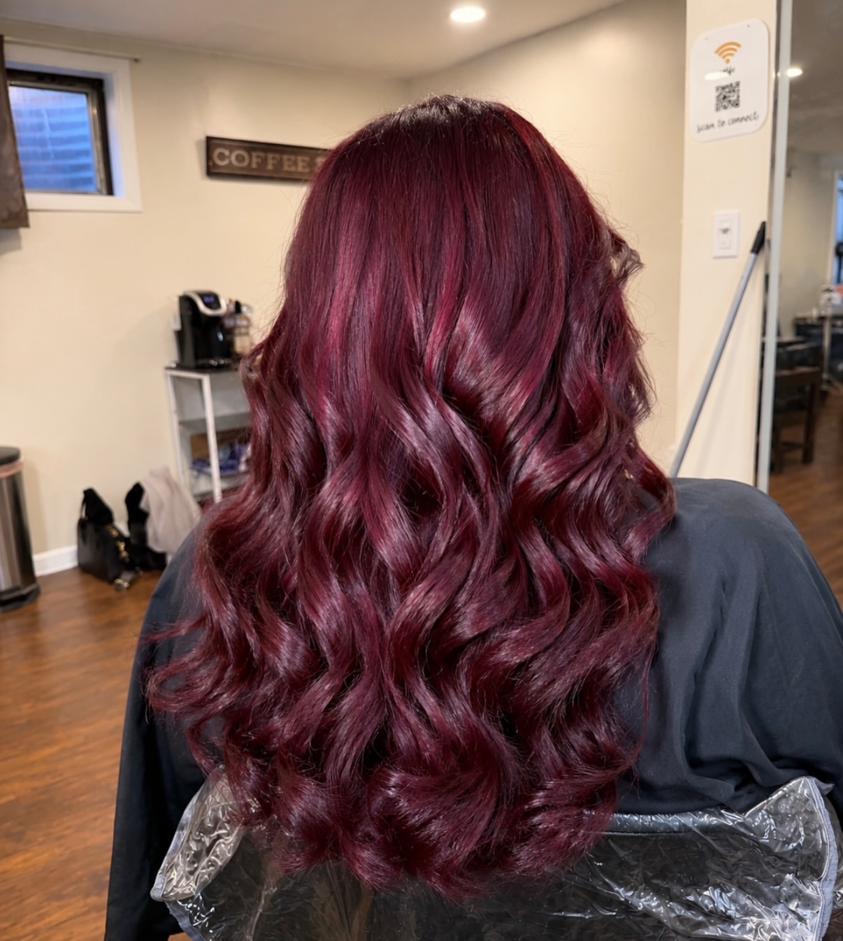 Rich Cherry Cola Balayage With Loose Waves