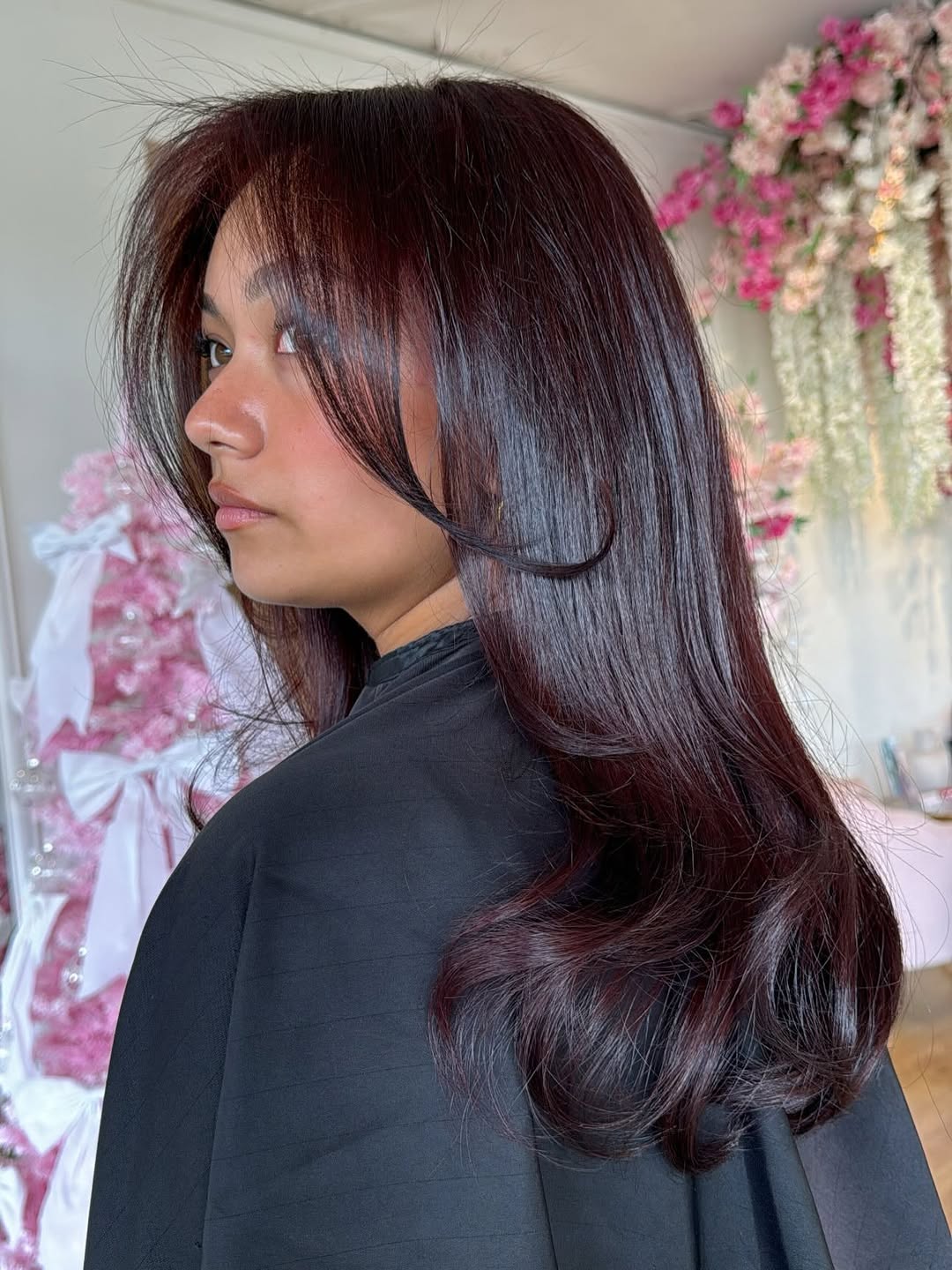 Rich Cherry Cola Hair With Face Framing Layers