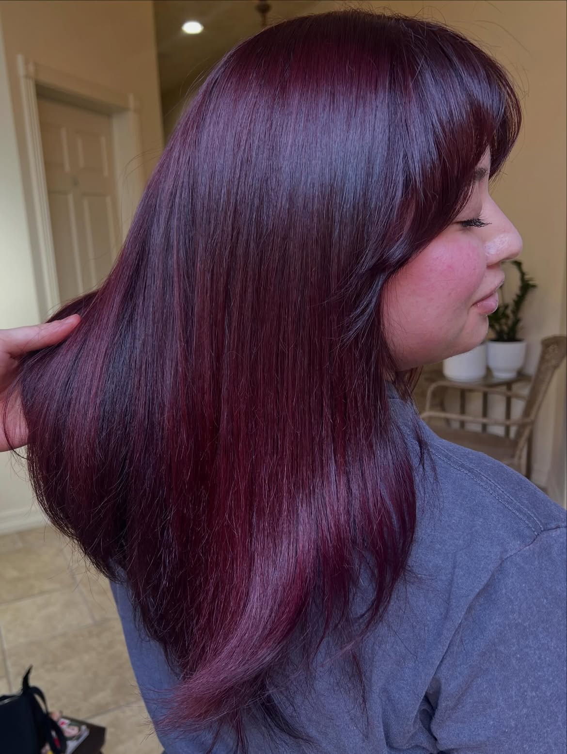 Rich Cherry Cola Hair With Soft Face-Framing Layers