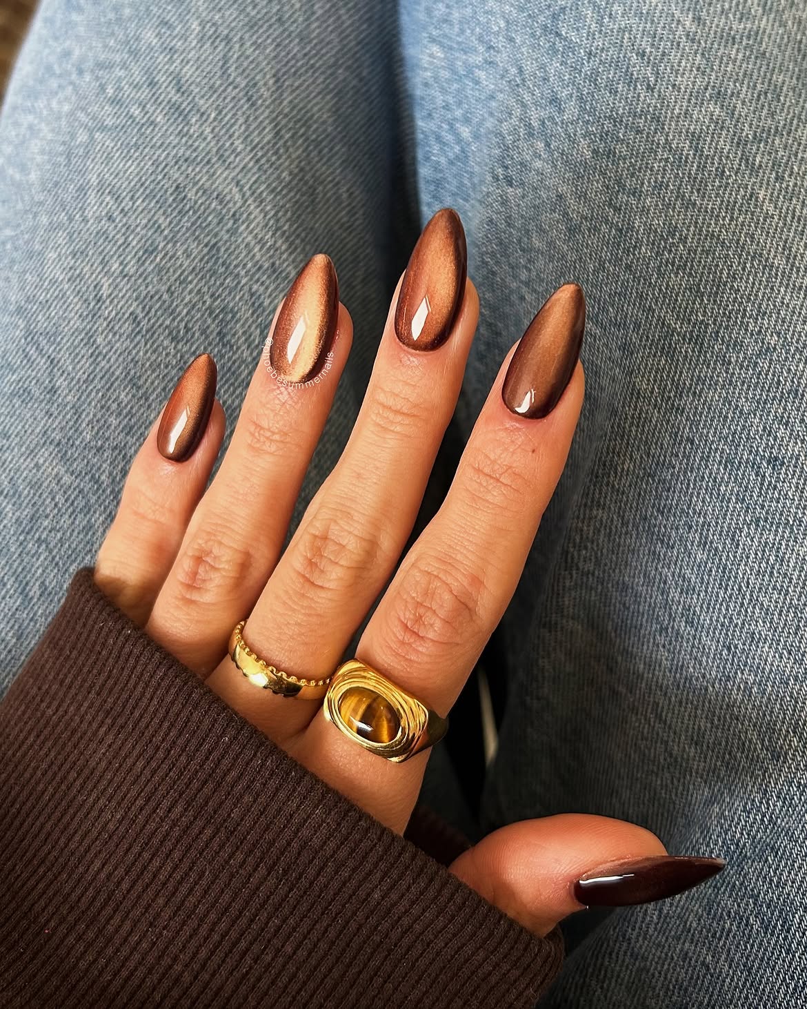 Rich Chestnut Cat Eye Almond Nails