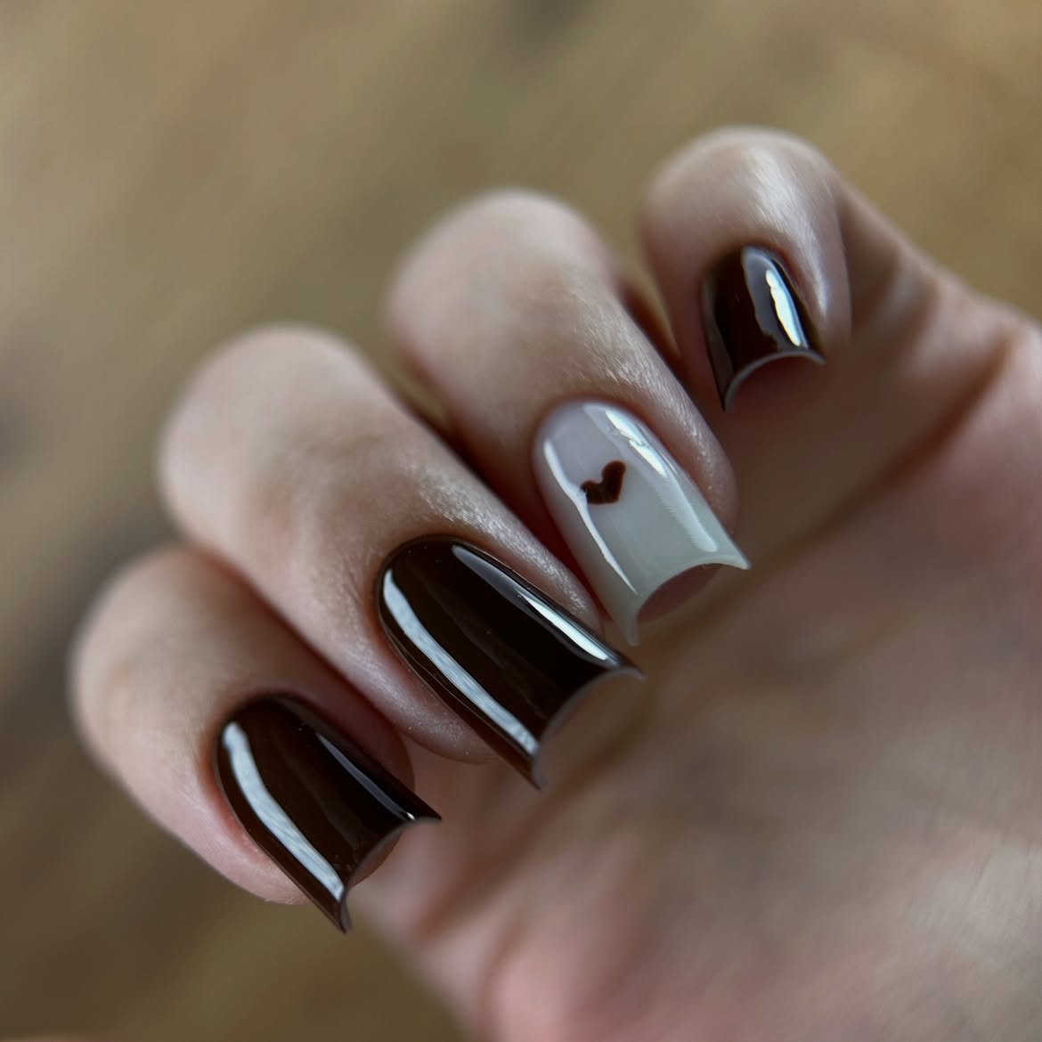 Rich Chocolate Brown & Cream Heart Nails