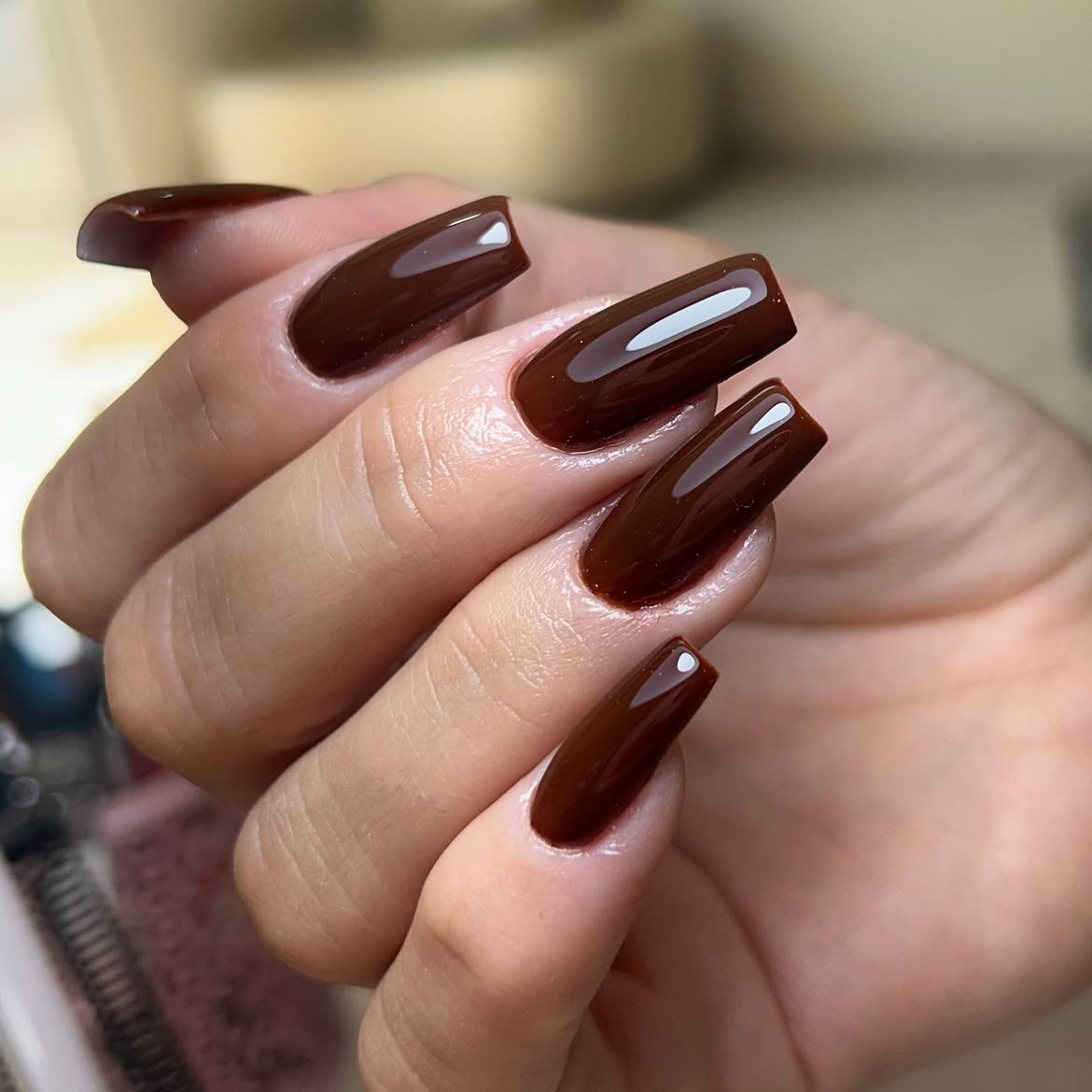 28 Stunning Coffin Nail Ideas for Your Perfect Fall Look 27 Rich Chocolate Brown High Gloss Coffin Nails