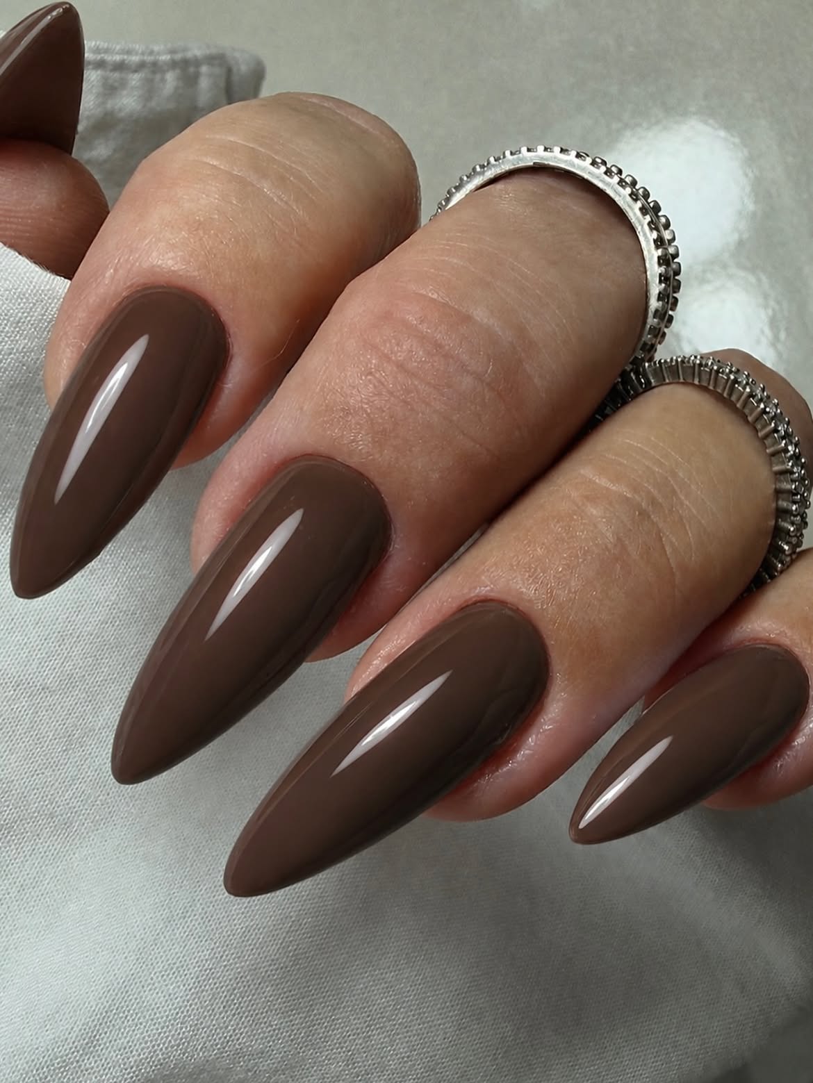 Rich Chocolate Brown High Gloss Stiletto Nails