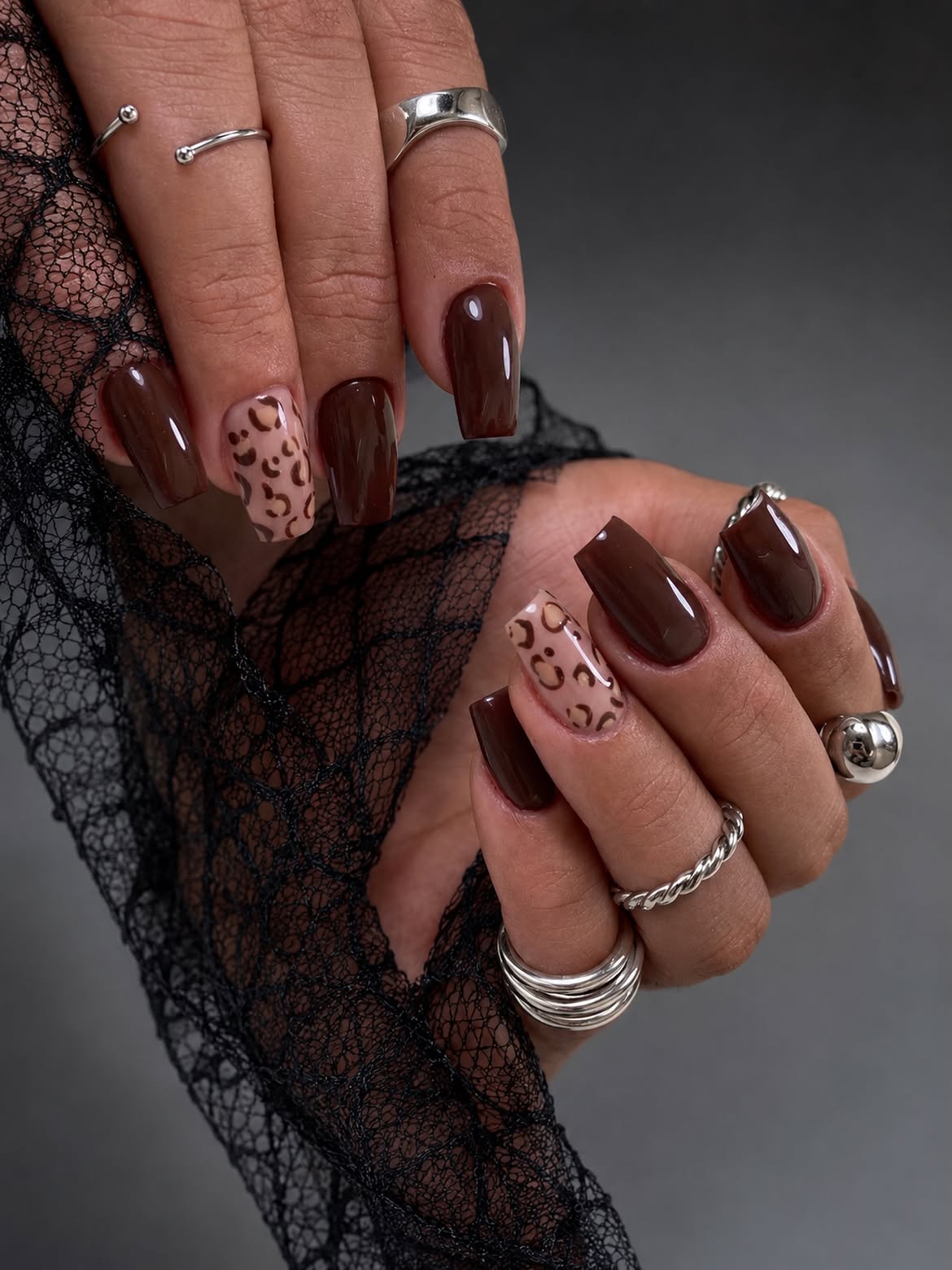Rich Chocolate Brown Leopard Print Square Nails