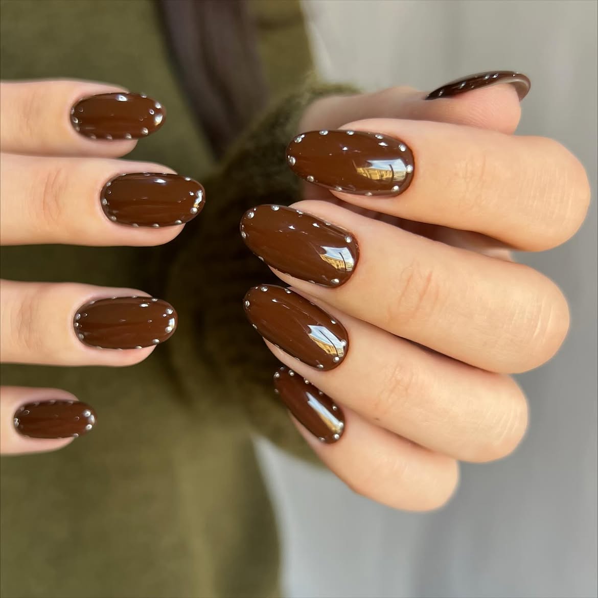 Rich Chocolate Brown Oval Nails with Silver Studs
