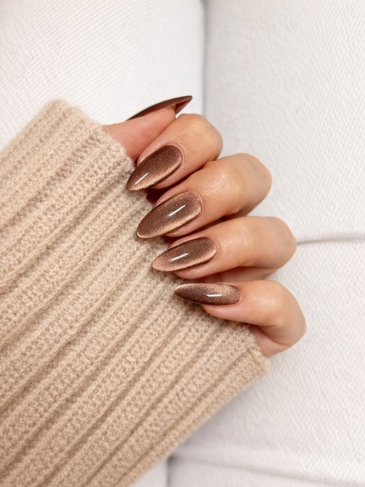 Rich Chocolate Cat Eye Almond Nails