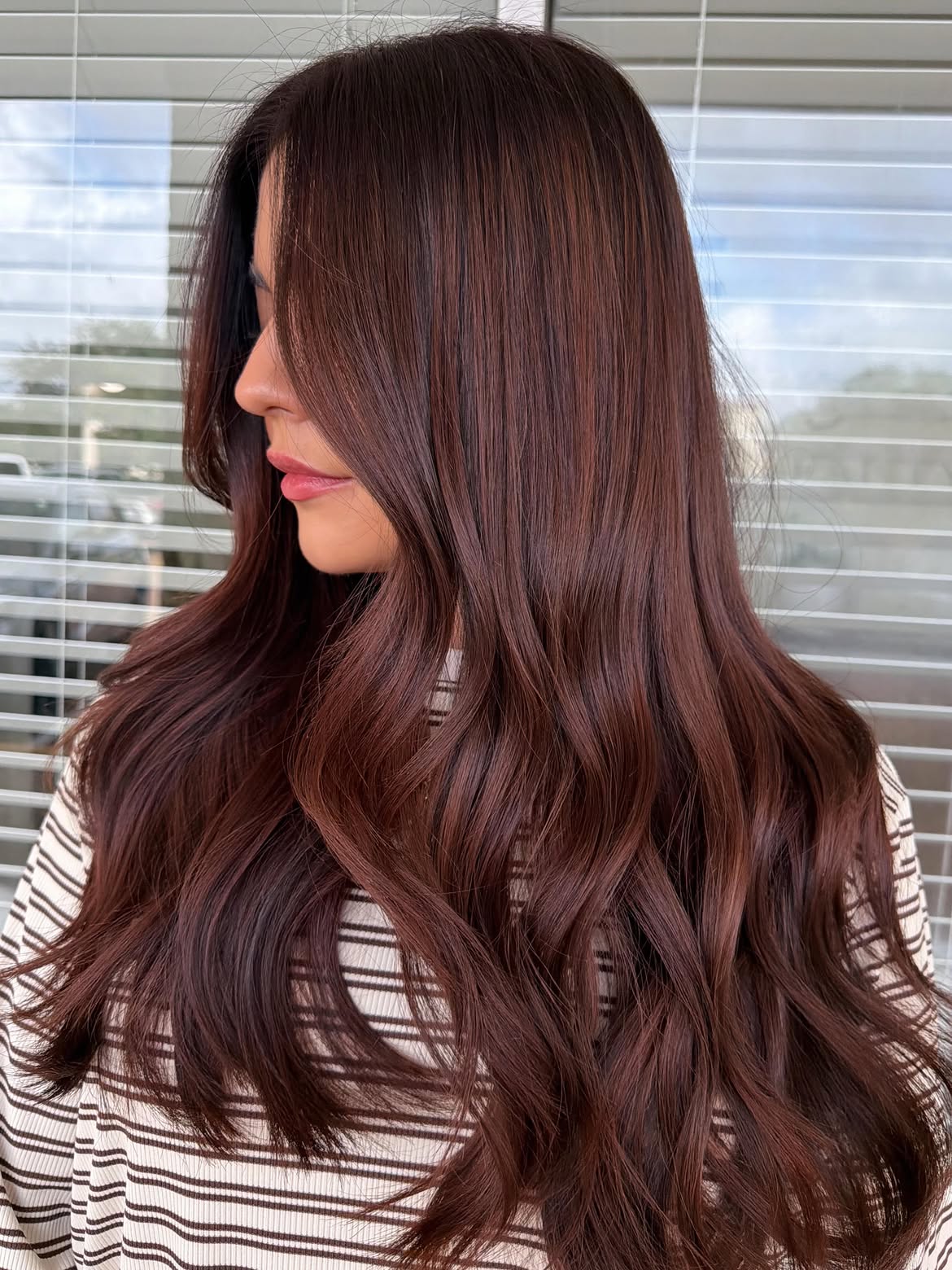 Rich Chocolate Cherry Balayage With Soft Waves