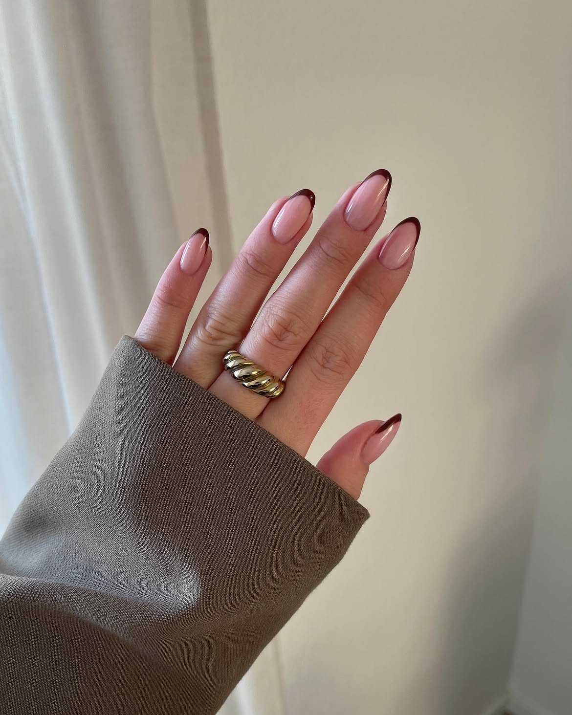 Rich Chocolate French Tip Almond Nails
