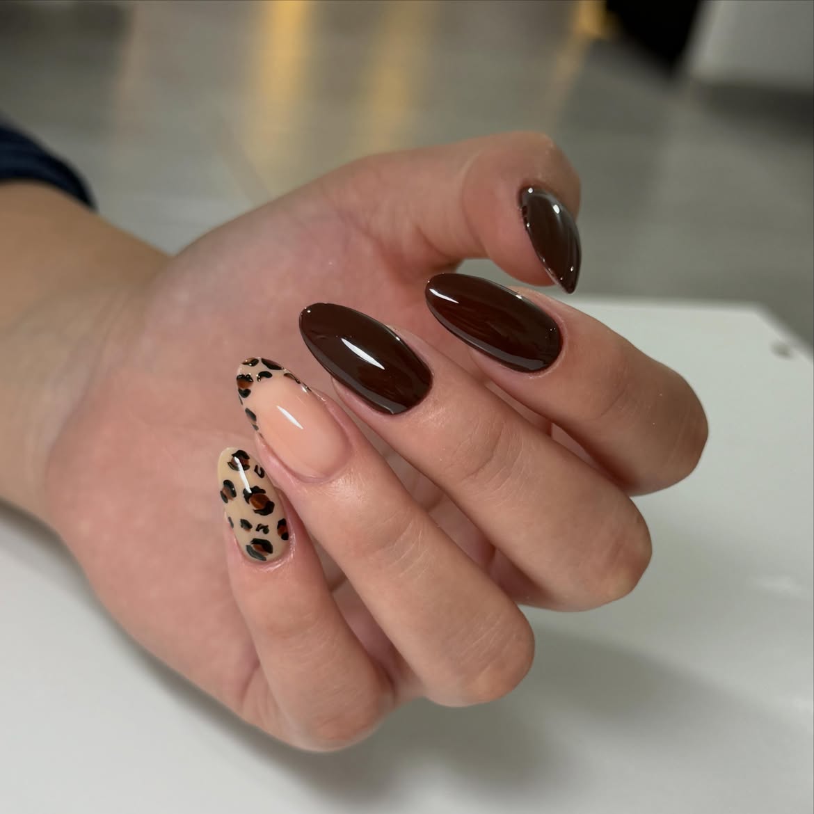 Rich Chocolate Leopard Print Almond Nails