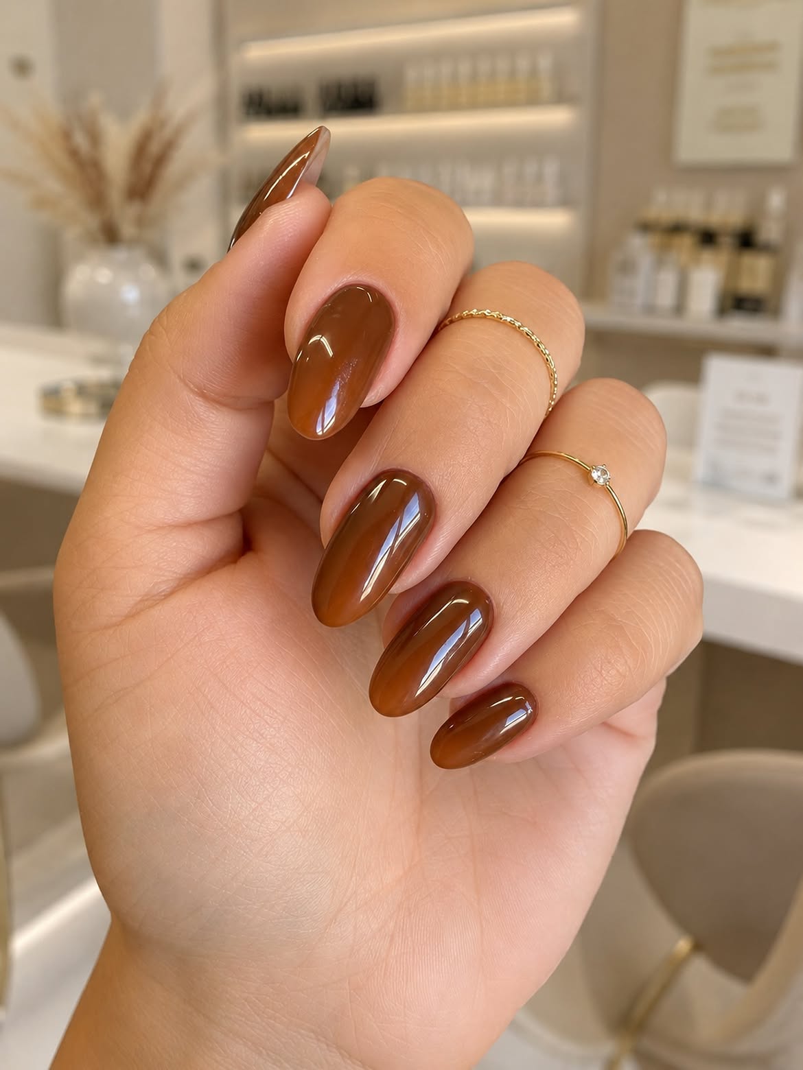 Rich Chocolate Milk Glossy Almond Nails