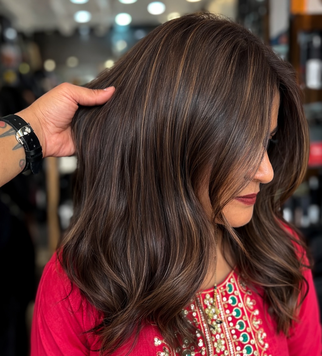 Rich Espresso Balayage With Subtle Caramel Highlights
