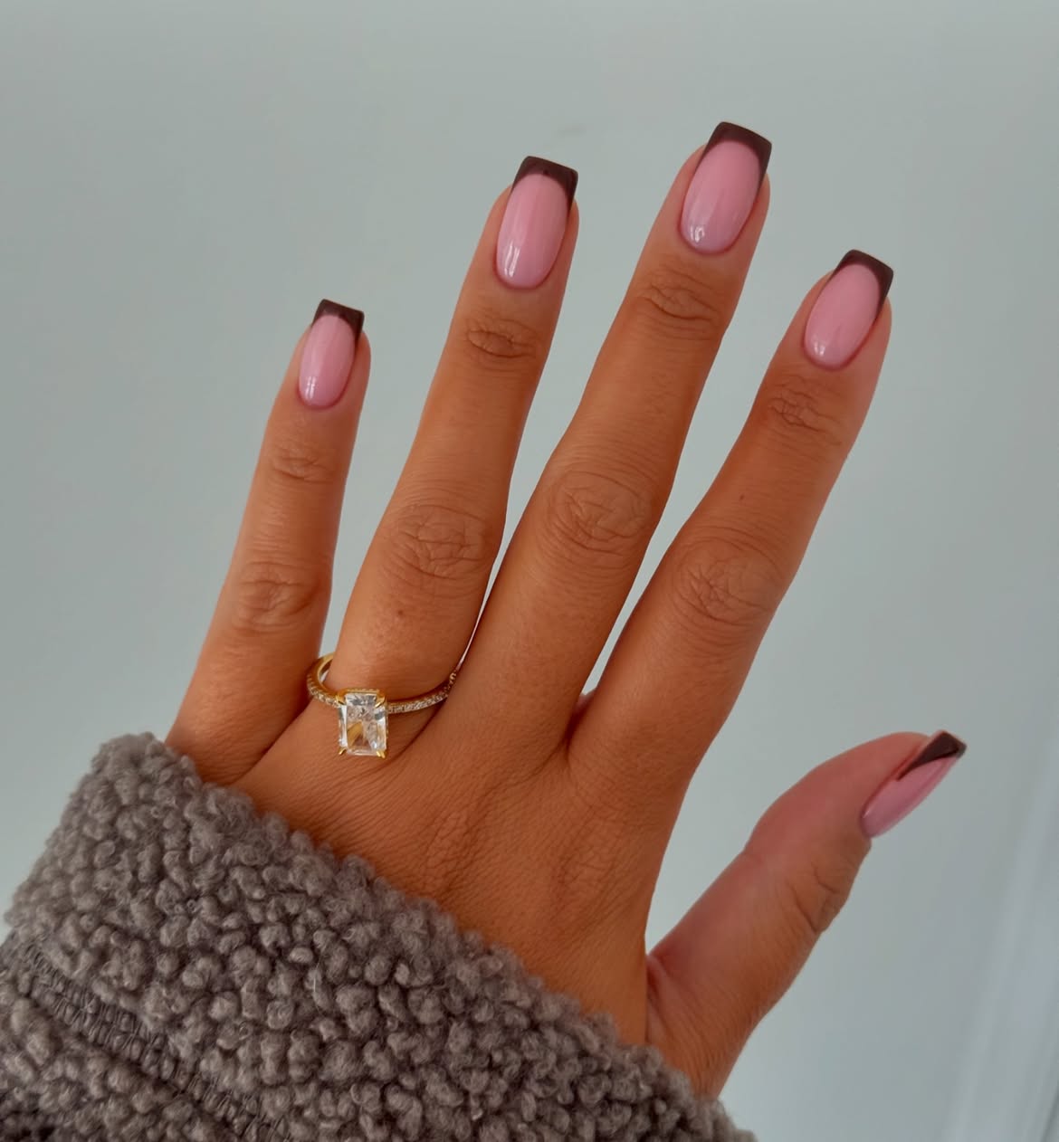 Rich Espresso Brown French Tips on Neutral Pink