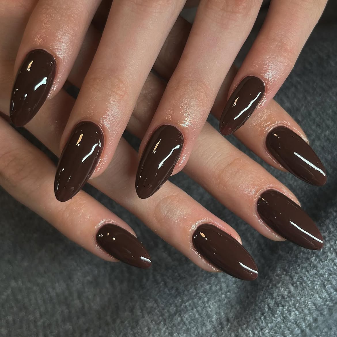 Rich Espresso Brown High Gloss Almond Nails