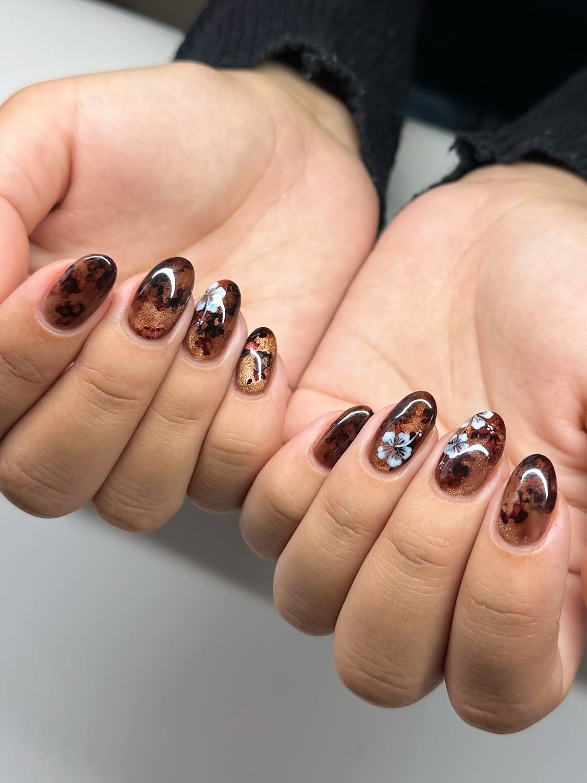 Rich Espresso Floral Almond Nails