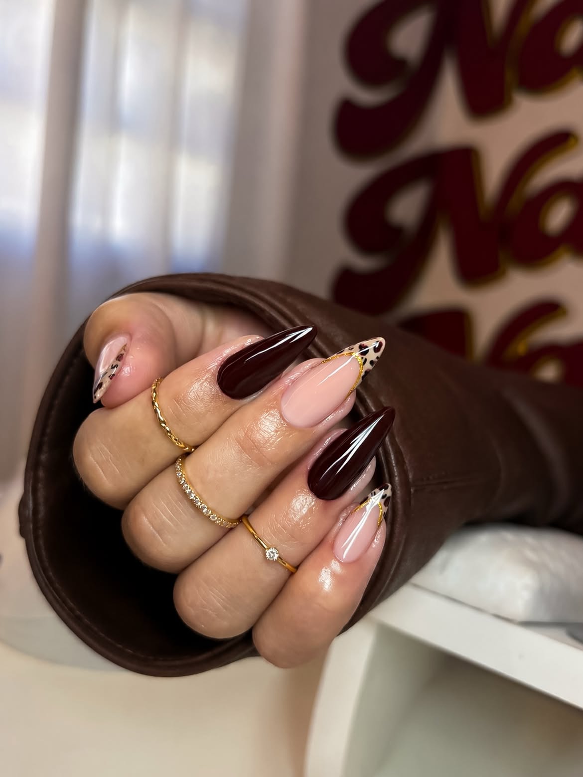 Rich Espresso & Nude Leopard French Stiletto Nails