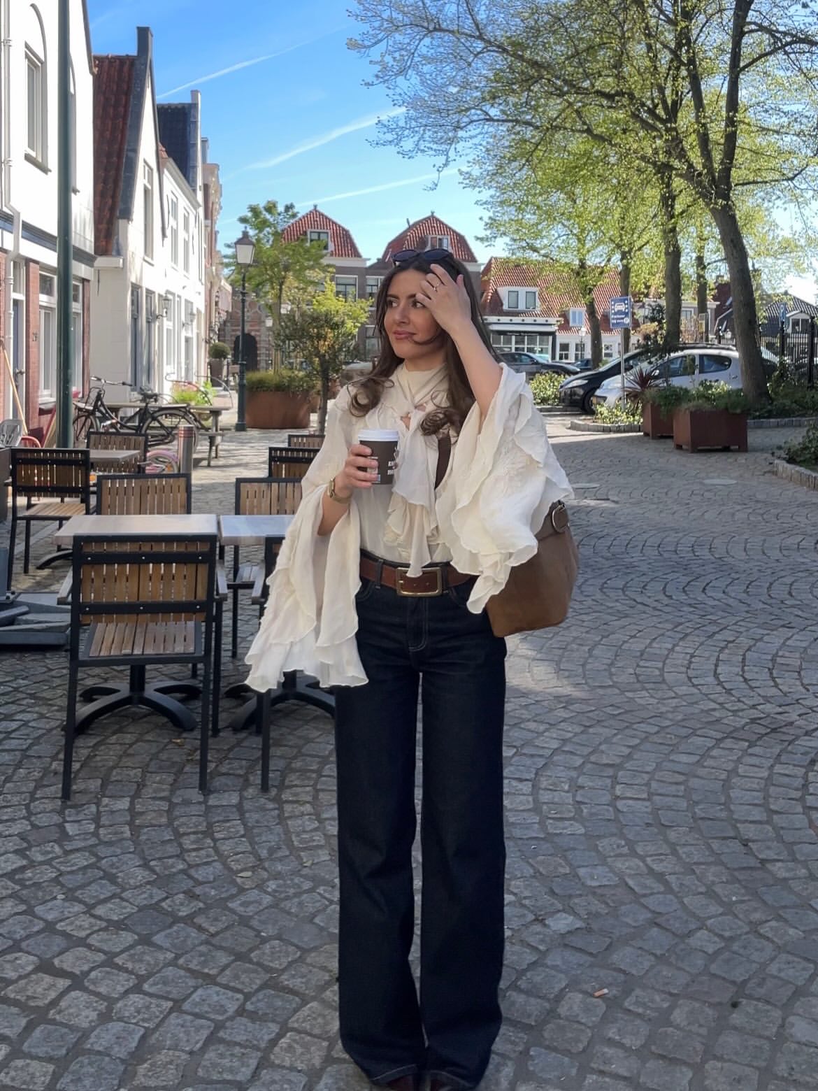 Ruffled Blouse and Dark Wash Jeans Street Style