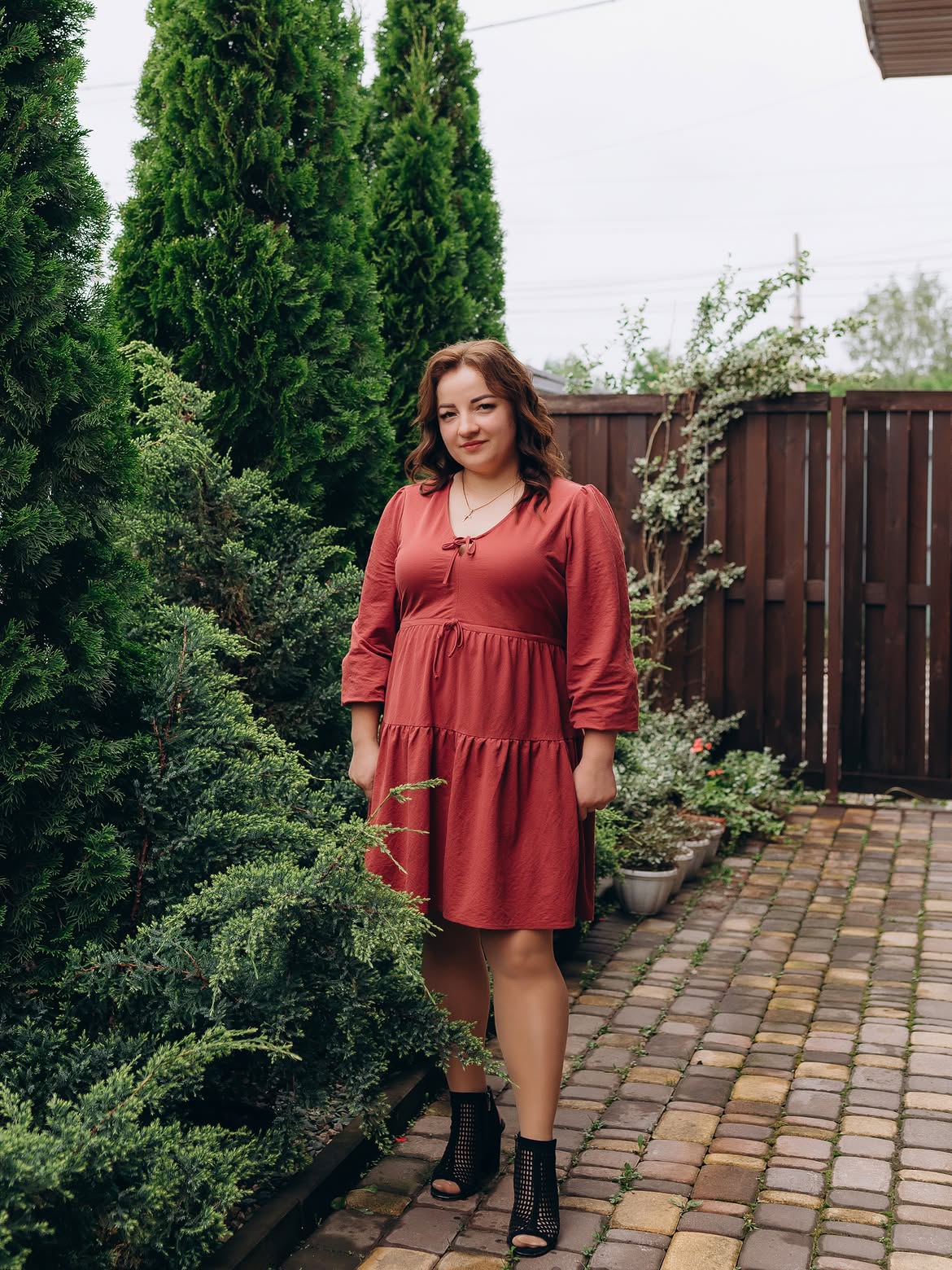 Rust Tiered Midi Dress With Black Mesh Booties