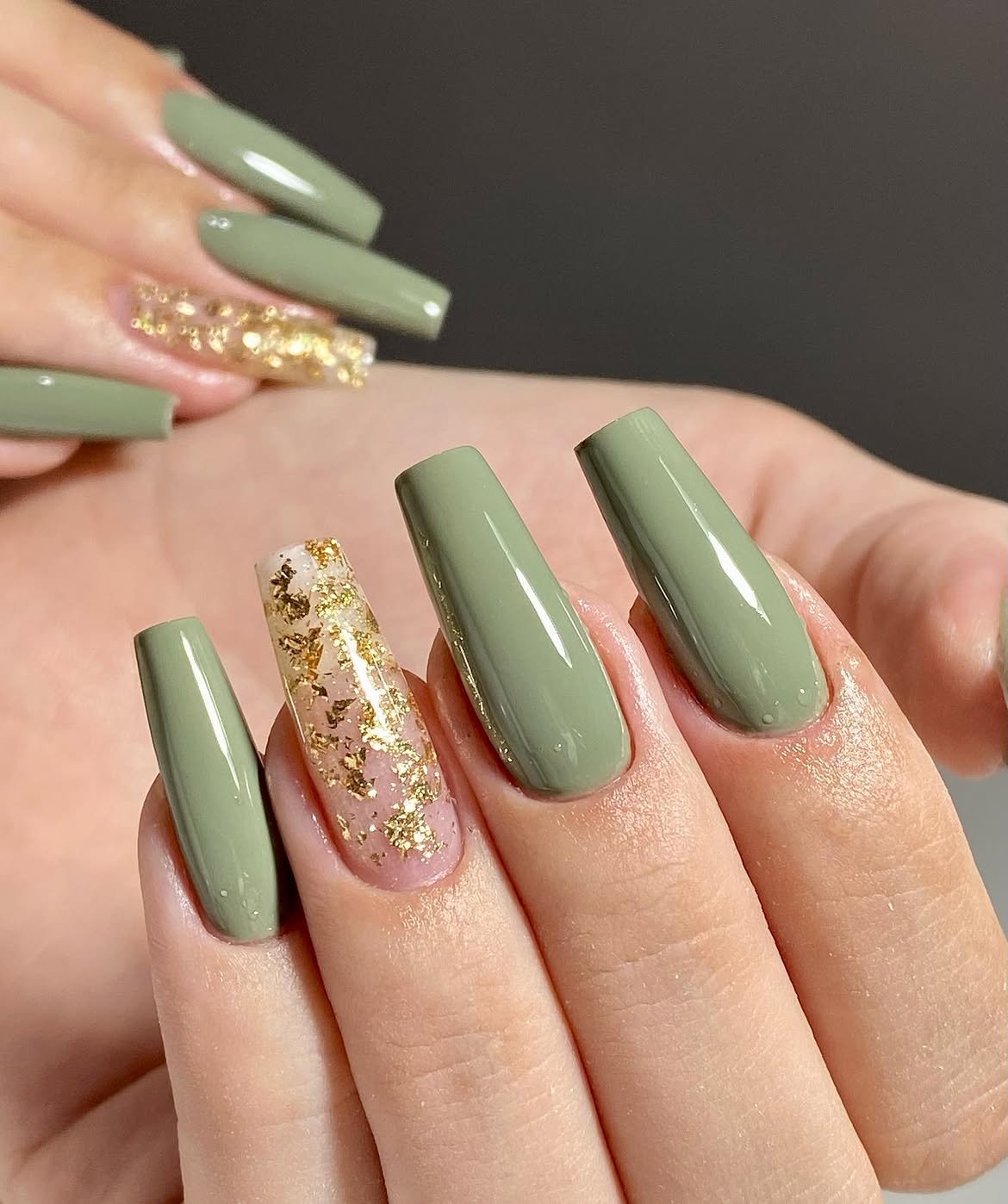 Sage Green Coffin Nails with Gold Foil Accent