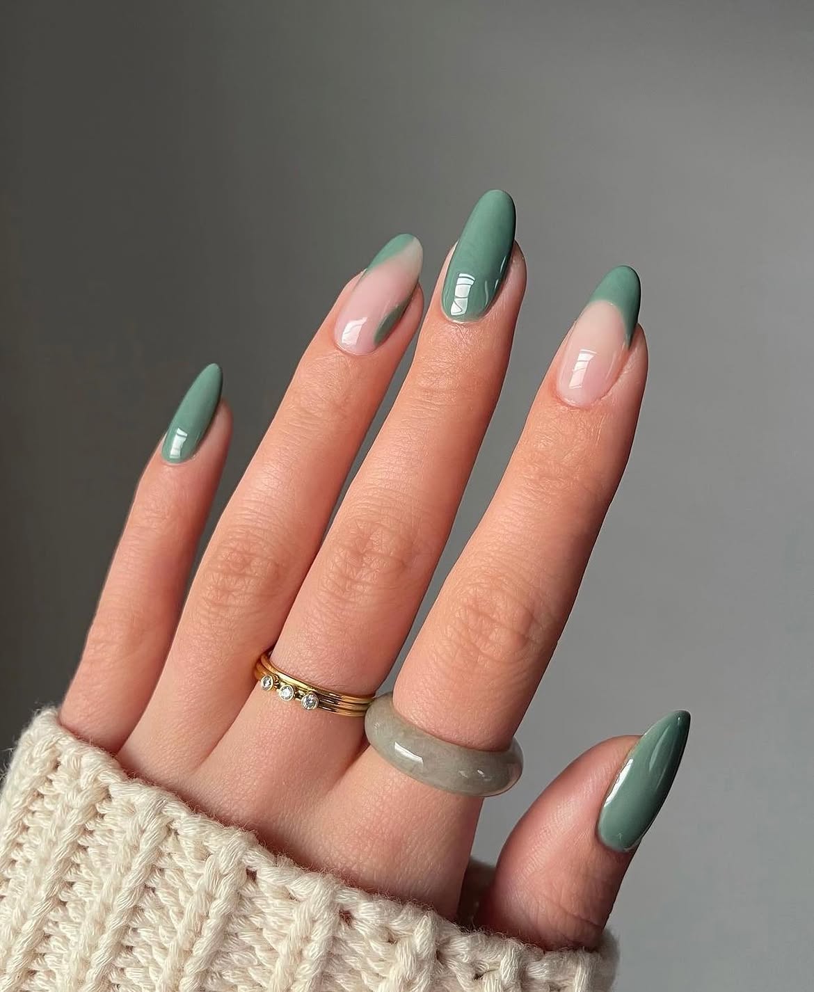 Sage Green French Tip Almond Nails