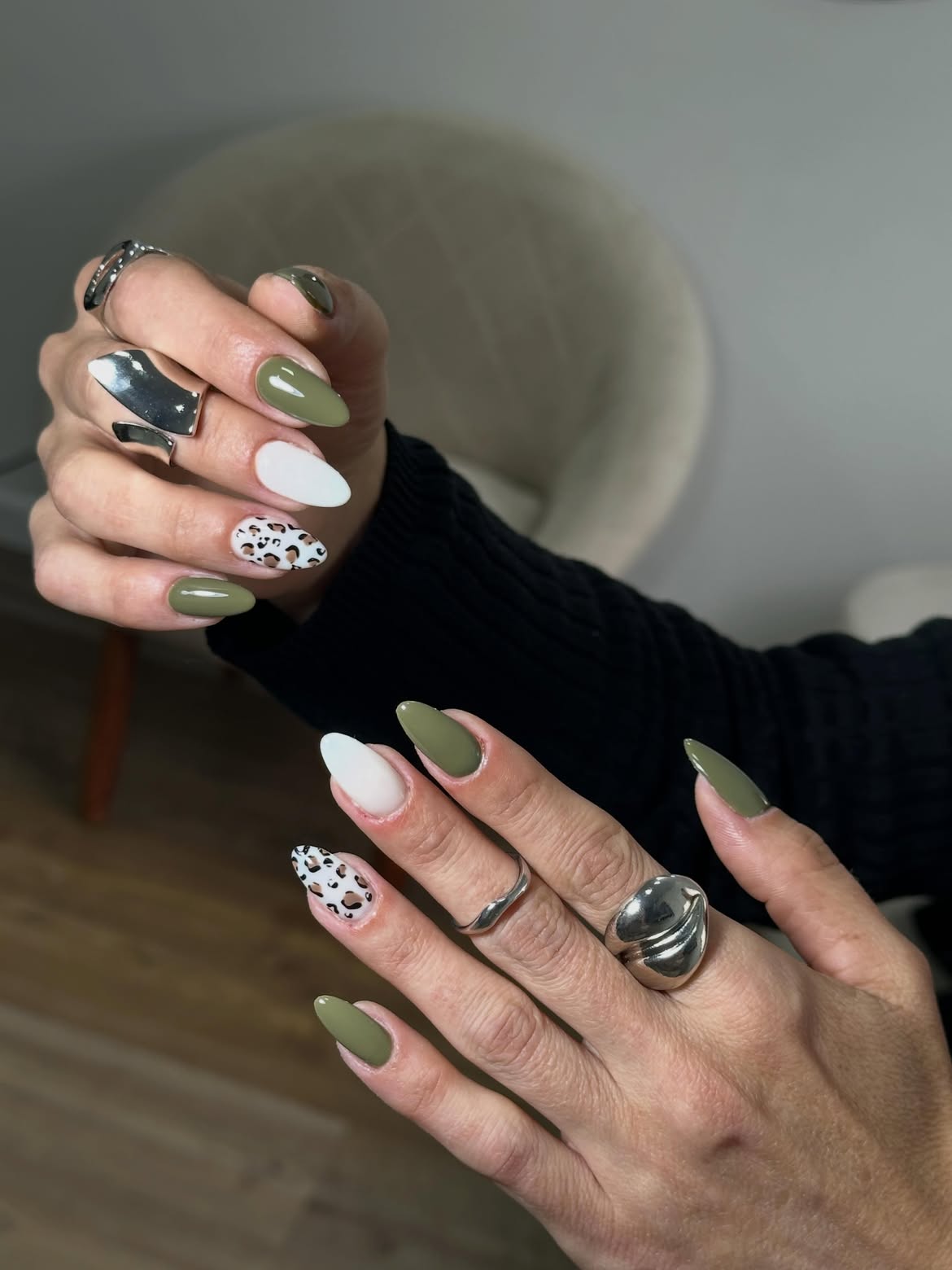 Sage Green Leopard Print Almond Nails