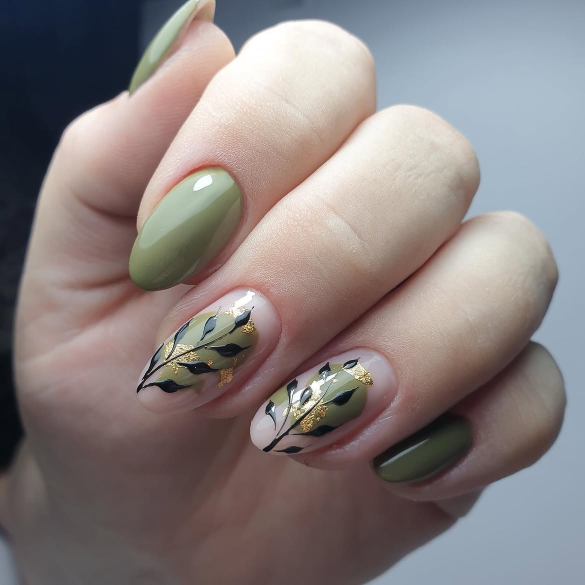 Sage Green Olive Leaf Art with Gold Accents