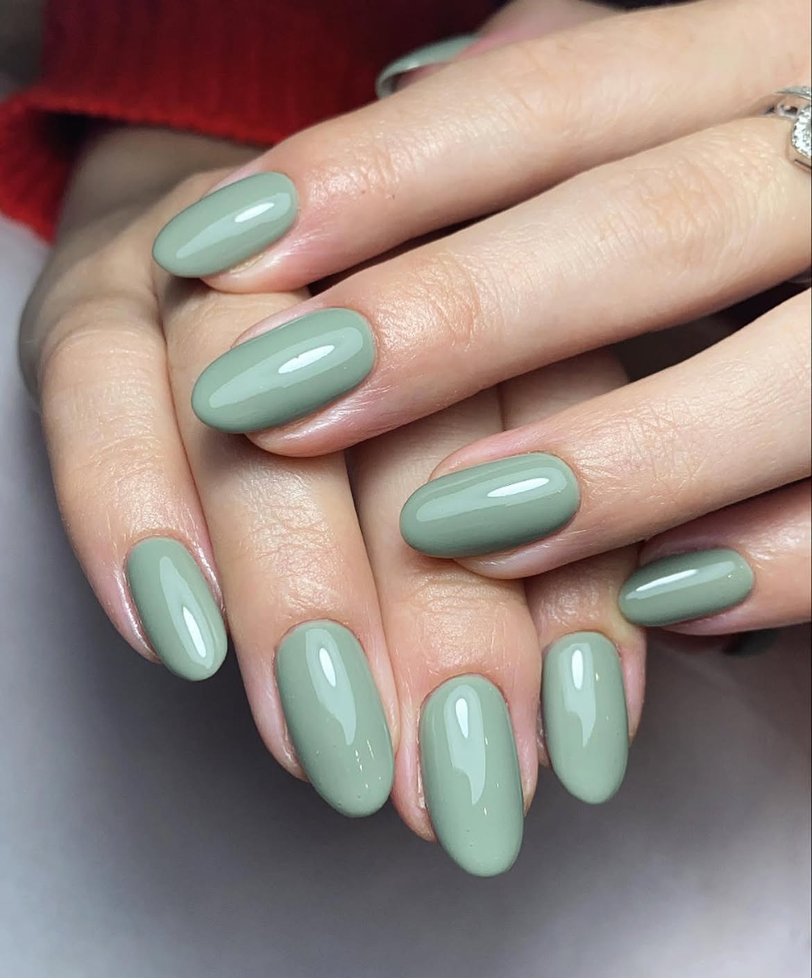 Sage Green Oval Glossy Manicure