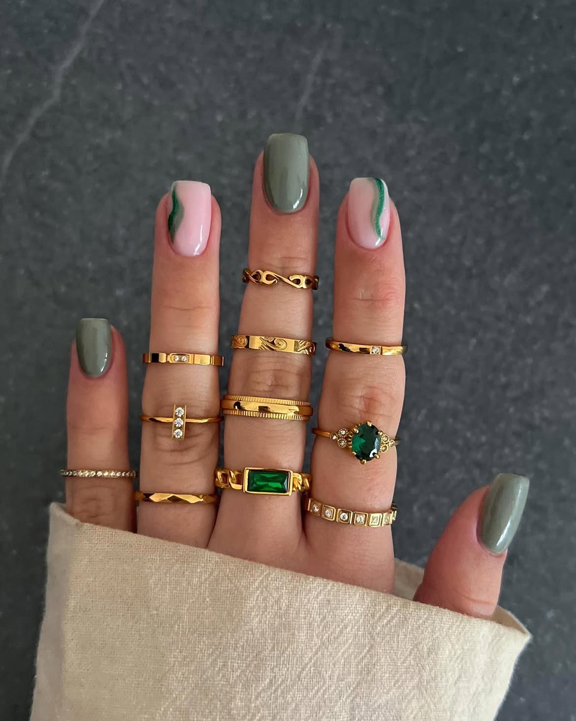 Sage Green & Pink Swirl Square Nails