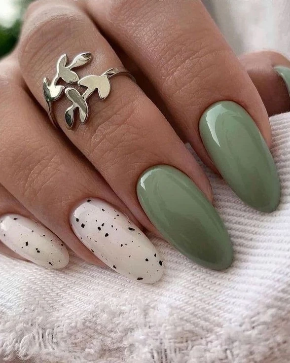 Sage Green & Speckled Egg Almond Nails