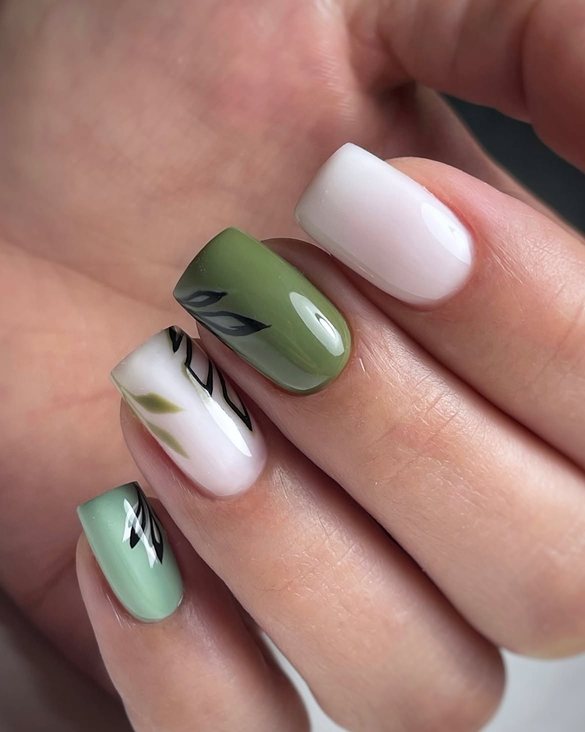 Sage Green Subtle Leaf Print French Tips