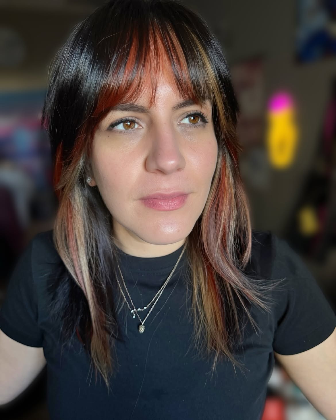 Shaggy Mullet With Fiery Streaks And Face-Framing Bangs