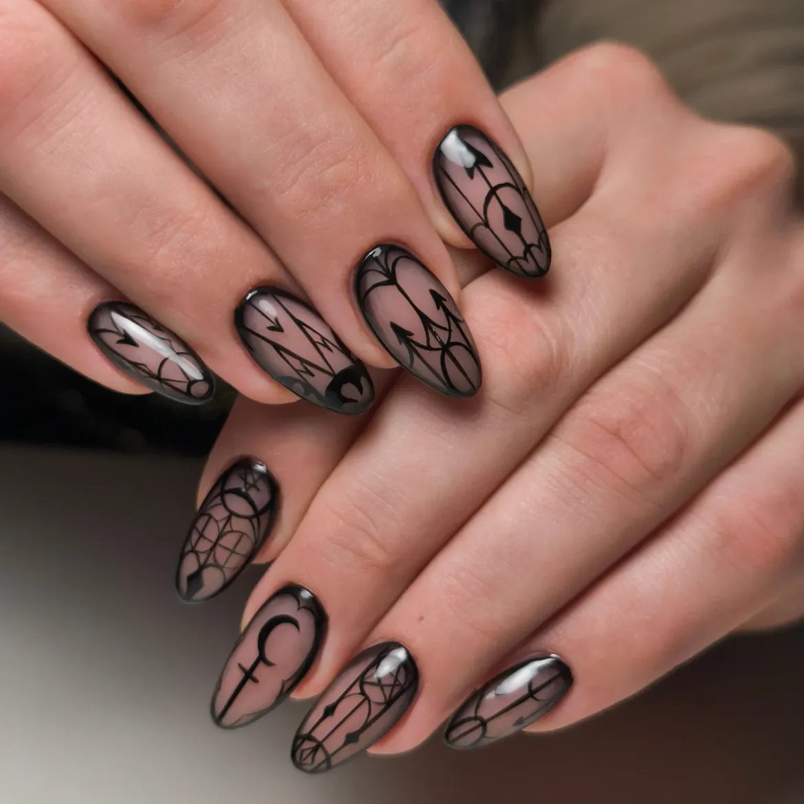 Sheer Black Lace Gothic Almond Nails