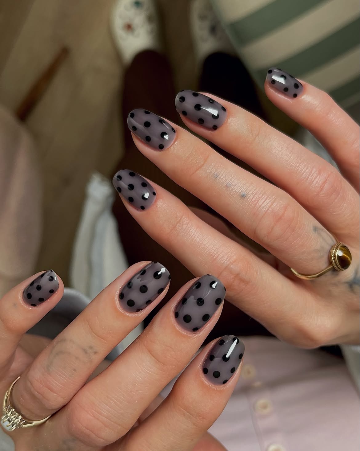 Sheer Grey Polka Dot Oval Nails