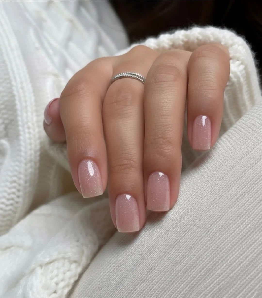 Sheer Pink Glitter Short Square Nails